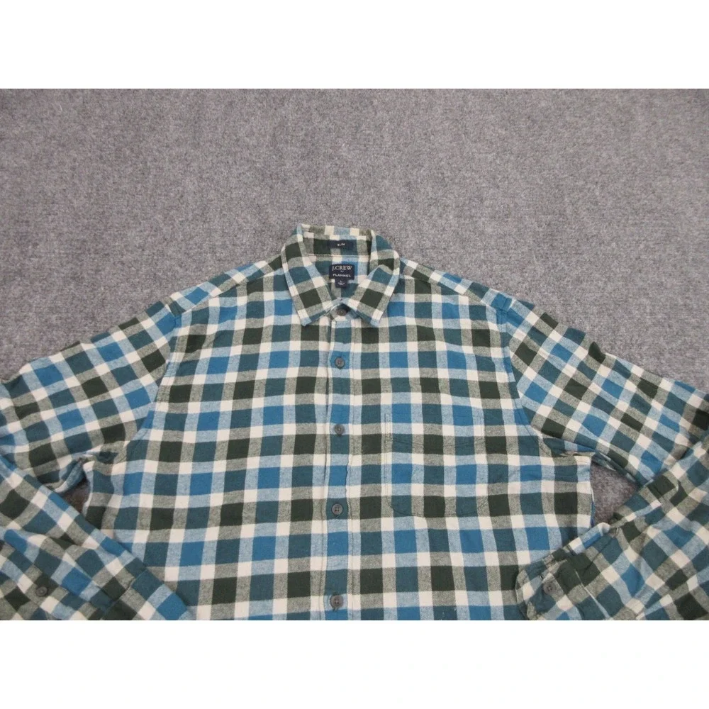 J CREW Shirt Mens L Blue Plaid Cotton Flannel Long Sleeve Button Up Slim Casual